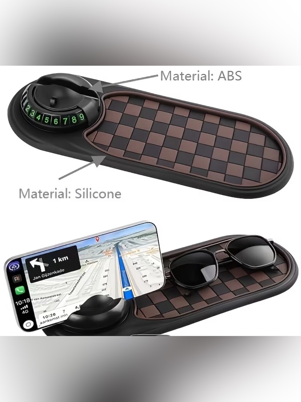 Car Dashboard Non-Slip Phone & Sunglasses Tray - Brown Checkered